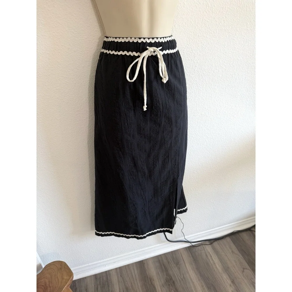 Free‎ People Penelope Midi Skirt Lg Black Contrasting Trim Pull On Travel Cotton